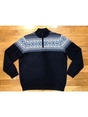 Tahari Cashmere Nordic Fair Isle 1/4 Zip Navy Pullover Sweater Size XXL